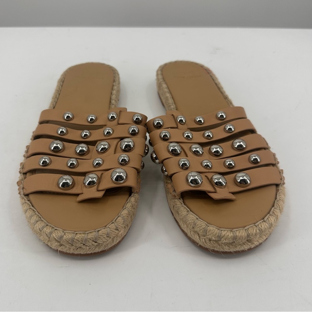 Marc Fisher Tan Espadrille Sandals Flats Silver Studded Straps Jute Women’s 8.5